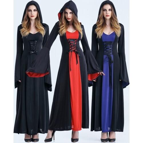 Renaissance Gothic Vampire Witch Costume Adult Fantasia Halloween Witch Hooded Fancy Party Masquerade Long Dress