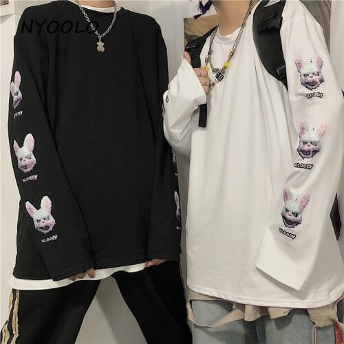 NYOOLO Harajuku streetwear rabbits letter print loose tee shirt top Autumn long sleeve O-neck pullovers T-shirt women men Cloth