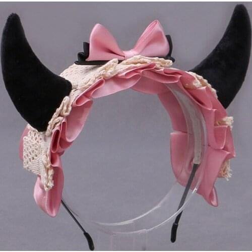 Anime Devil Horns Lace Ribbon Bow Hair Hoop Headwear for Girl Women Lolita Hairbands Headband Cosplay Costume