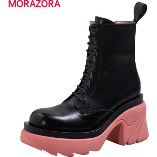 MORAZORA Plus Size 34-43 Full Genuine Leather Boots Women Lace Up Zipper Square High Heels Autumn Winter Ankle Boots For Women