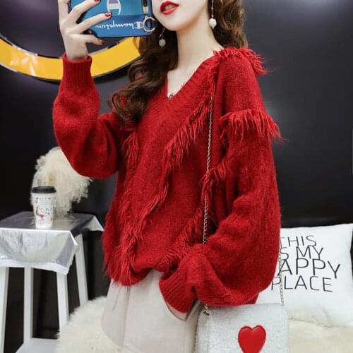 Woman 2021 Autumn New Solid Color Loose Tassel Pullovers Female V-neck Sweater Tops Ladies Long Sleeve Knitted Jumpers Q410