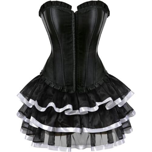 Women Victorian Vintage Corset Dress Sexy Brocade Overbust Corset Bustier Lingerie Top With Striped Mesh Mini Skirt Set S-6XL