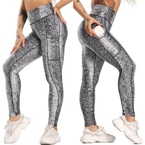 3D Snake Skin Print High Waist Women Sports Leggings Pockets Fitness Gym Yoga Pants Workout Seamless Tights Trousers Female