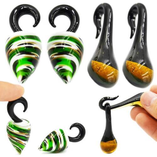 Showlove-1 Pair Pyrex Glass Dew Drop Water Swan Shape Ear Weight Ear Expander Plug Flesh Tunnel Ear Stretcher Piercing Jewelry
