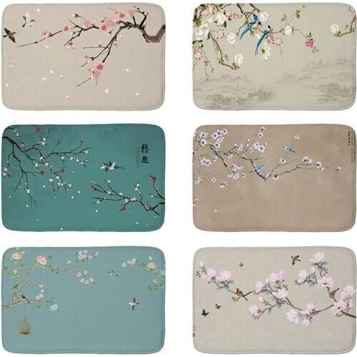 Ink Painting Flower Flannel Anti-Slip Suede Carpet Door Mats Doormats Outdoor Peach blossom Bird Kitchen Living room Floor Rug