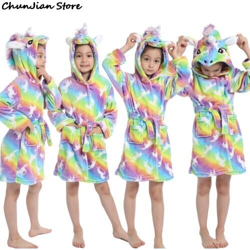 2020 Cartoon Childrens Robe Flannel Baby Bathrobe Long Sleeve Hooded Kids Bath Robe Lovely Unicorn Animal Child Boy Girls Robes