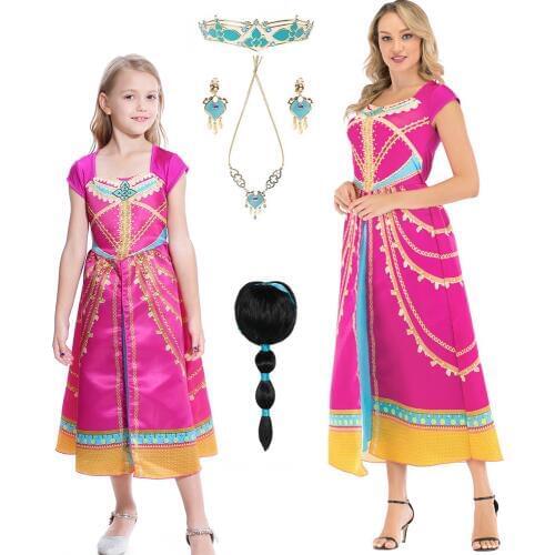 Cosplay Aladdin Jasmine Dress Costume Pink Fuchsia Outfit For Kids adult Rose Dresses Halloween Carnival Christmas Costume Wigsl