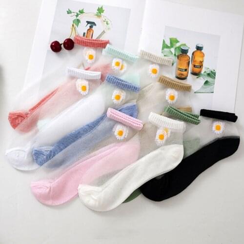 Daisy Embroidery Transparent Glass Silk Invisible Socks Women Summer Breathable Ankle Sock Female Crystal Silk Thin Short Soxs