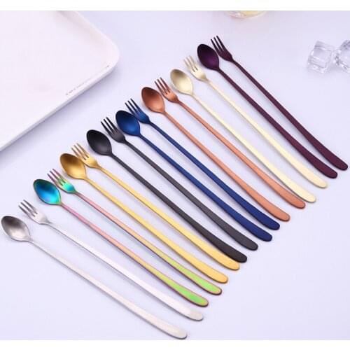 Long Handle Ice Cream Spoon Stainless Steel Coffee Teaspoon Round Shape Colorful Mixing Dessert Tea Spoon Drinking Tools