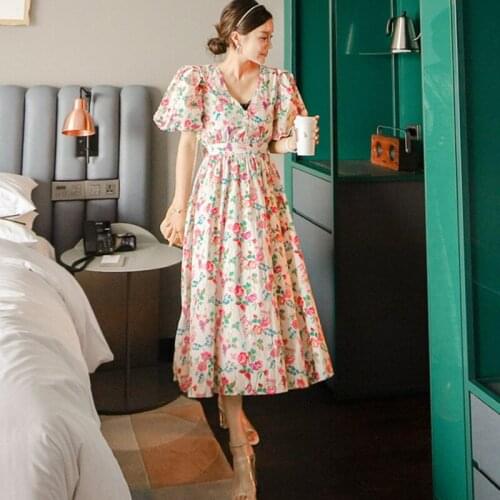 Fashion Summer Vintage Puff Sleeve Maxi Party Dress Ladies Elegant Robe Casual V-Neck Button Floral Print Beach Vacation Dress