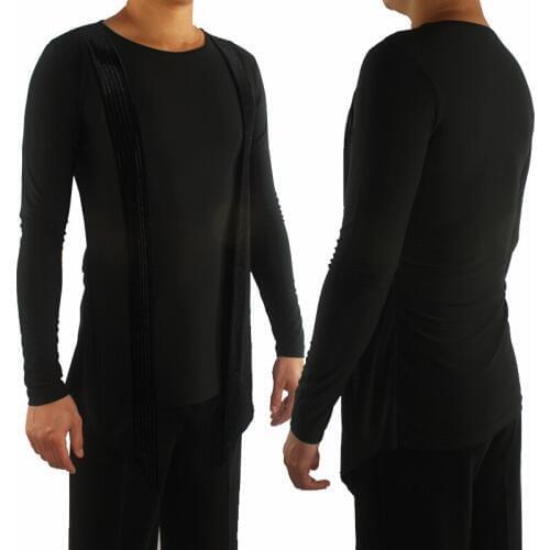Men Latin Dance Top Black Long Sleeve Dance Costume Round Neck Ballroom Tops Modern Men Performance Latin Dance Clothing VDB635