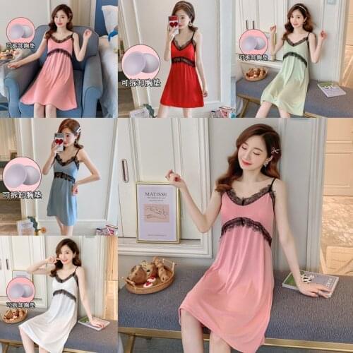 Summer New Womens Nightdress with Chest Pads Lovely Sweet Nightwear Sling Nightgown Homewear Female Sleepwear Sleeping Wear