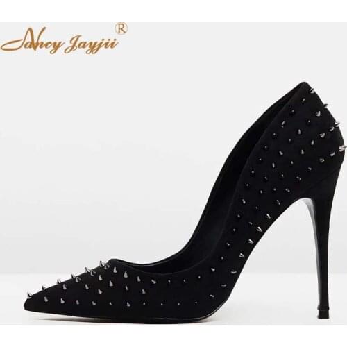 Black Hue Rivets Stiletto Super High Heels pointed Toe Pumps Womens Shoes Dress Party Big Size 10 13 Slip on Career Spring 2019