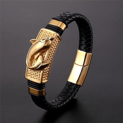 New High Quality Genuine Leather Bracelet Gold Easy Hook Totem/Dolphin/Crocodile Pattern Luxury Jewelry Birthday Wishes Gift