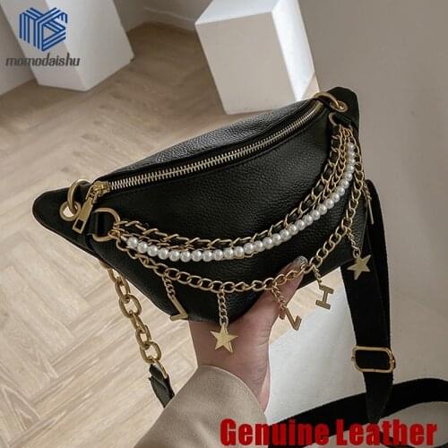 Genuine Leather Luxury Designer Chest Body Bag Women Pearl Chain Fanny Pack Belt Bags Shoulder Banana Crossbody Chest Bags