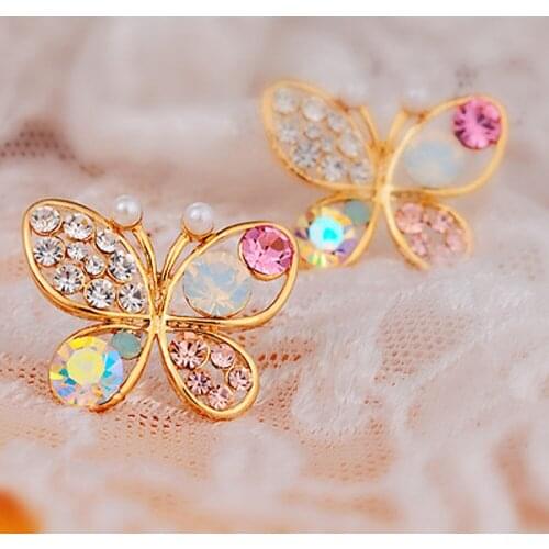 Hollow Luxury Bright Colorful Cystal Simulated Pearl Butterfly Earrings 10.4