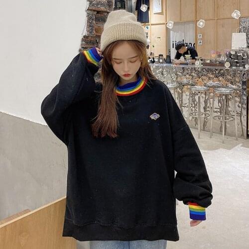 Winter Rainbow Fleece Hoodies Women Korean Kawaii Sweatshirts 90s Aesthetic Oversized Hoodie Girls Cartoon Embroidery Streetwear