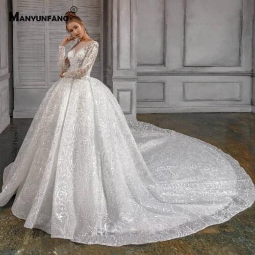 Custom Made O-Neck Embroidery Appliques Tulle Beading Bridal Ball Gown Luxury Full Sleeve Cathedral Train Button Wedding Dress