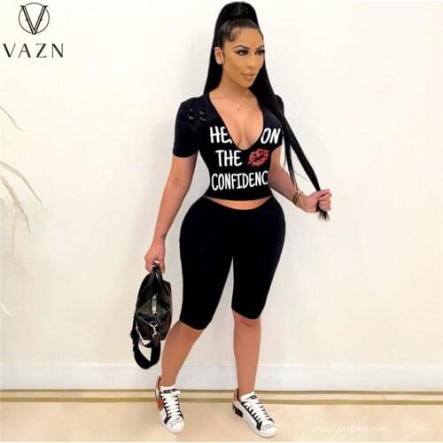 VAZN 2021 Hot Black Letter High Street Tracksuits Daily Sexy Young Short Sleeve Knee Length Slim Women 2 Piece Set Women Wear