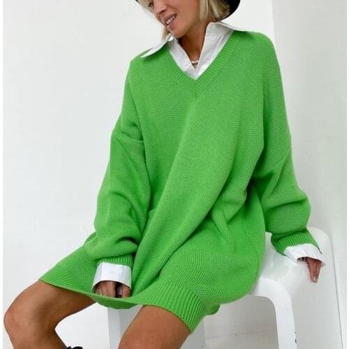 Green Long Sweater Pullover Womens Sweaters Winter 2021 Autumn High Fashion V Neck Knitted Blouses Oversized Tricot Jumper Top