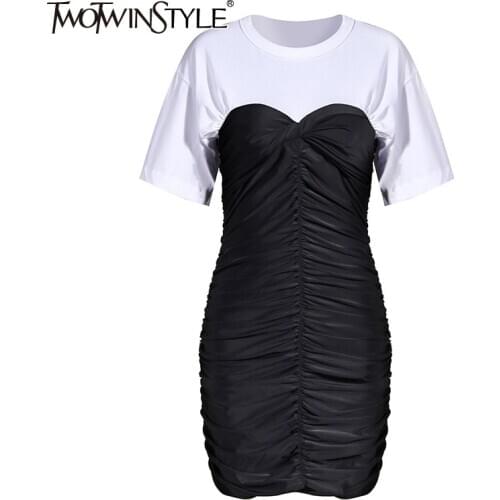 TWOTWINSTYLE Hit Color Patchwork Ruched Dress For Women O Neck Short Sleeve Slim Mini Dresses Female 2020 Summer Tide New