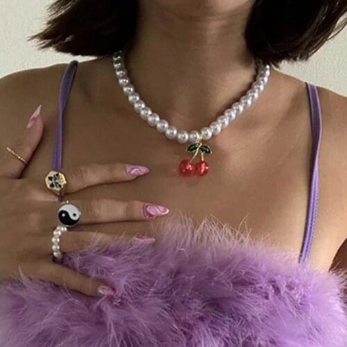 2021 Red Cherry Crystal Necklace for Women Charm Y2K Pendant Necklaces Female Imitation Pearls Choker Necklace Fashion Jewelry