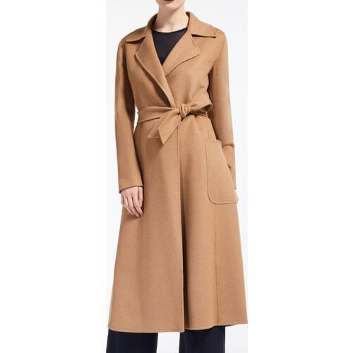 Plus size 2XL Winter Fashion Solid Wool Coat Long Sleeve Long slim belted Woolen Coat