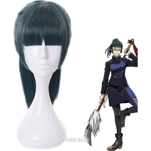 2021 Anime Jujutsu Kaisen Kaisen Maki Zenin Cosplay Wig 50cm Green Heat Resistant Synthetic Hair Halloween Party Wig free wigcap