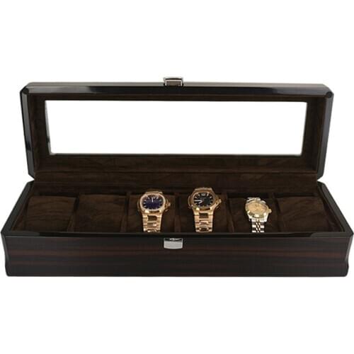 6-Slot Watch Box Velvet Display Case Organizer Top Glass Jewelry Storage Box