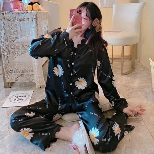 Satin womens pj sets Women Silk Pajamas Pyjamas Set Sleepwear ladies Long Sleeve nightwear Cute Top Long Pants Pijama suit