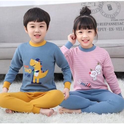 Children Long Johns Autumn Winter Warm Cotton Cartoon Dinosaur Dog Homewear Night Sleepwear for Boys Girls Pajamas Underwear Set