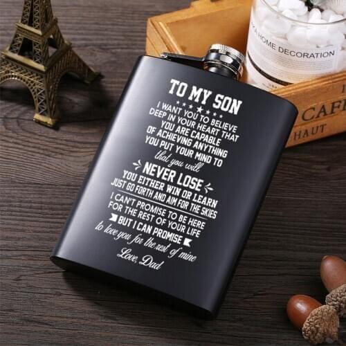 Dad To My Son 6oz Powder Coated stainless steel Black Hip Flask Laser Engraved Great for Got fans