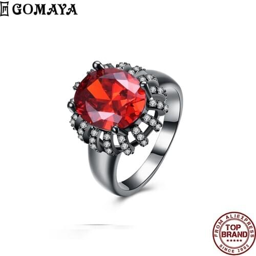 GOMAYA Oval Shape Red 5A Clear Cubic Zircon Ring Luxurious Creativity Propose Rings For Women Wedding Fashion Jewelry Bijoux