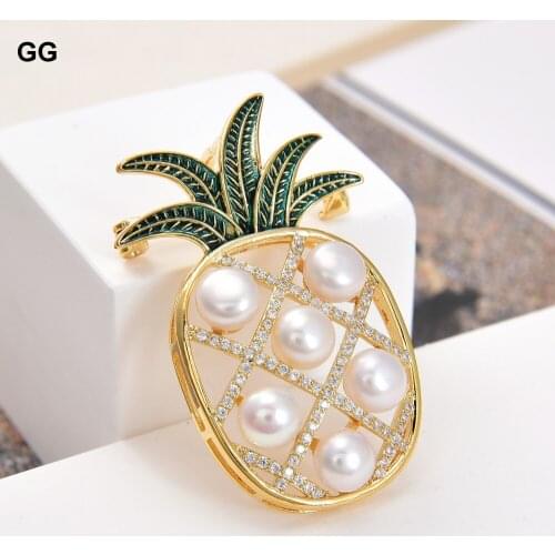 GuaiGuai Jewelry 27x47mm Yellow Gold Color Plated Cz Micro Pearl Pineapple Brooch Cute For Women