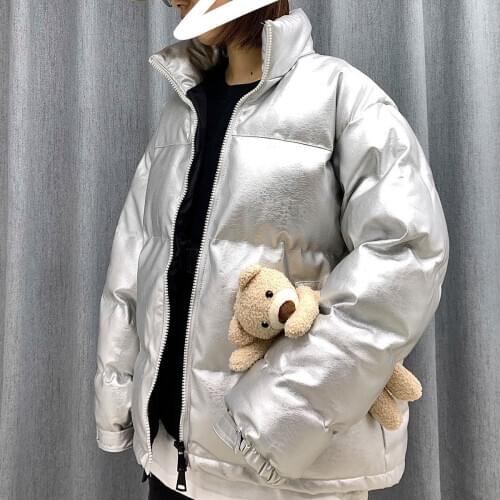 Fashion Parka Men Popular Mens And Womens Standing Collar Cotton Padded Clothes Large Size Loose Lovers' PU Leather Jacket