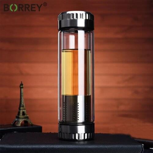 BORREY Glass Tea Infuser Bottle Mens Teacup Car Water Bottle Creative Water Bottle Separate Teacup 2Lid Filter Office Drinkware