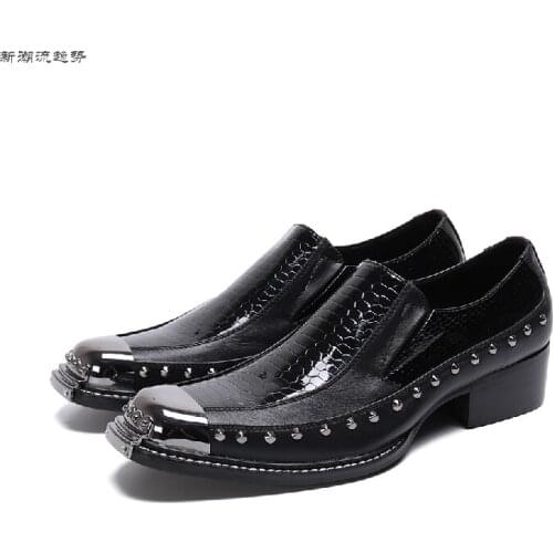 Calzado Hombre Elegant Rivets Snake Skin Men Shoes For Men Patent Leather Iron Square Toe Loafers Oxford Shoes Party Dress Shoes