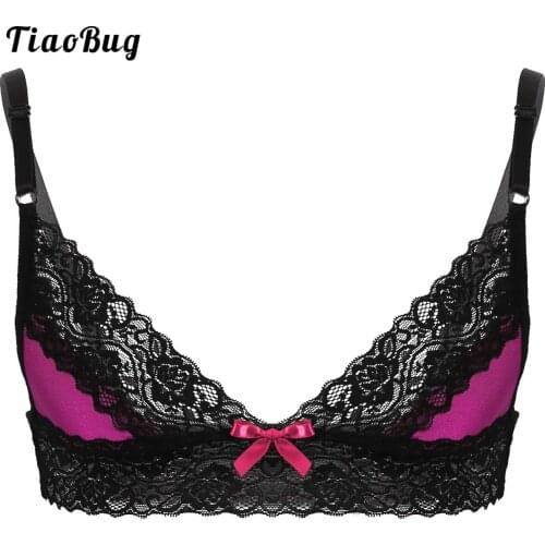 TiaoBug Mens Erotic Sissy Lingerie Adjustable Spaghetti Shoulder Straps Floral Lace Trim Wire-Free Unlined Bra Tops