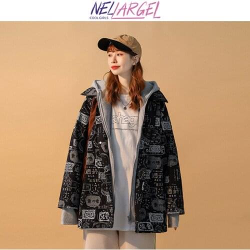 NELLARGEL Women Hooded Causal Vintage Harajuku Bomber Jacket 2021 Female Windbreaker Japanese Streetwear Jacket Girl Kawaii Coat