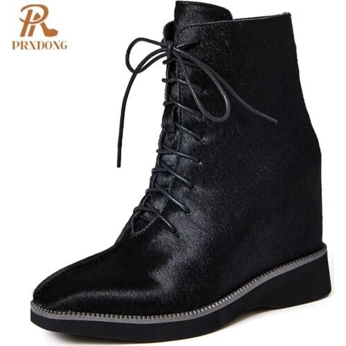 2021 New Winter Womens Ankle Boots Female Pointed Toe High Wedge Heeled Lace-Up Shoes Top Quality Ladies Short Boots Motorcycle