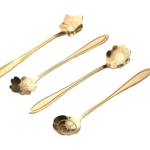 New 4Pcs Cute Stainless Steel Flower Teaspoon Dessert Coffee Spoon Golden Sakura Rose Spoon