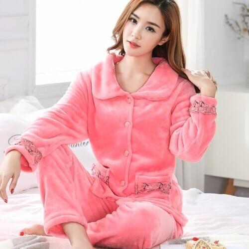 New Autumn Winter Women Pajamas Set Thick pyjamas women Sleepwear Suit Flannel Coral Fleece Pijamas Mujer Home Suits