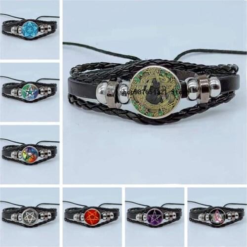 New Handmade Secret Five-pointed Star Round Glass Witch Pagan Bracelet Multilayer Braided Leather Bracelet