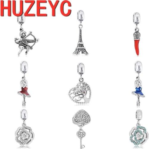 2pcs/Lot Stainless Steel Dangle Charm Flower Tree Cupid Heart Eiffel Tower Fit Original Pandora Bracelet Pendant DIY Jewelry