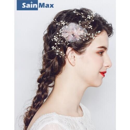 Sainmax New Bridal Head wear Gold and Pink Hair Clips Luxury Pearl Crystal Wedding Hair Accessories