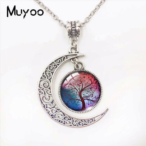 Tree of Life Beauty Trees Glass Dome Moon Pendants Tree of Life Beautiful Trees Colorful Tree Jewelry Handmade Moon Necklace