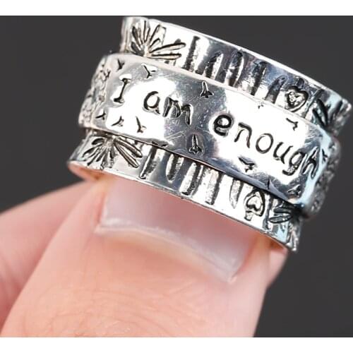 Vintage Silver Color Engraved Dandelion Wide Ring Lettering I am Enough Inspiration Rings for Men Women Punk Party Jewelry Z158