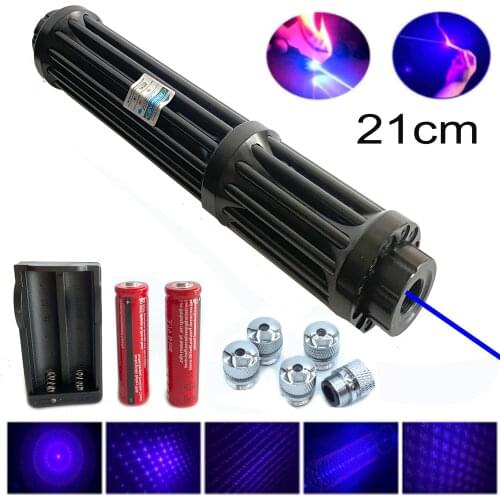 Hight Powerful Burning Blue Laser 21cm Laser Torch 450nm 10000m Laser Torch Focusable Flashlight Burn Match With 5 Star Cap