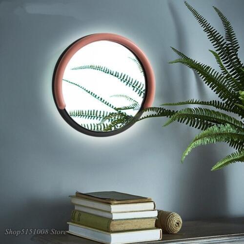 Mirror headlights Nordic creative simple personality LEDwall light bedroom bathroom macaron wrought iron round mirror wall lamp