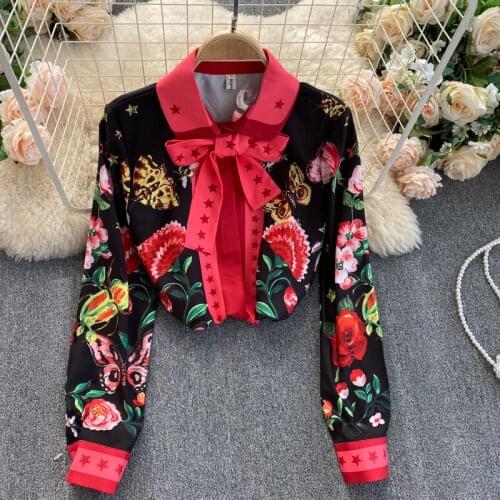 Womens Spring Autumn Runway Fashion Flower Print Shirt Female Bow Collar High Waist Casual Blouse Tees Tops TB1595